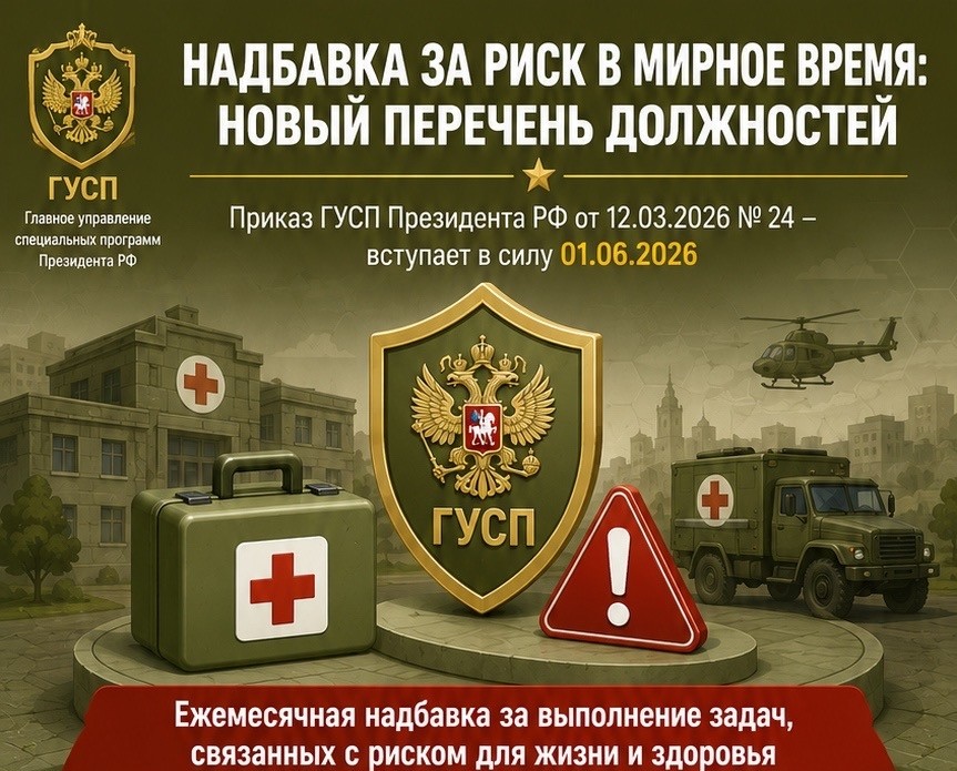 Установлен перечень должностей медицинского персонала в военно-медицинских подразделениях ГУСП с вредными и (или) опасными условиями труда, при замещении которых военнослужащим выплачивается ежемесячная надбавка