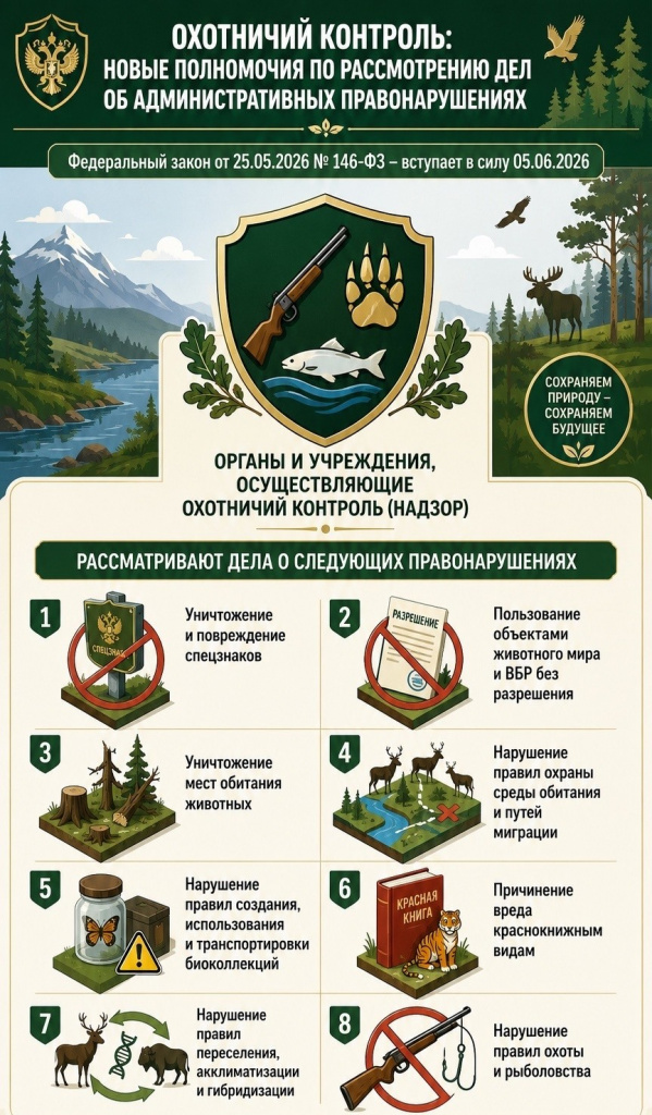 На изображении — информационная инфографика на тему «Охотничий контроль: новые полномочия по рассмотрению дел об административных правонарушениях»